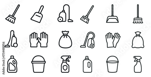 Cleaning and maintenance outline icons set – flat, solid, household, janitorial symbols