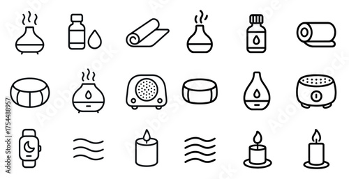 Aromatherapy and wellness icons set – outline, line, spa and relaxation symbols