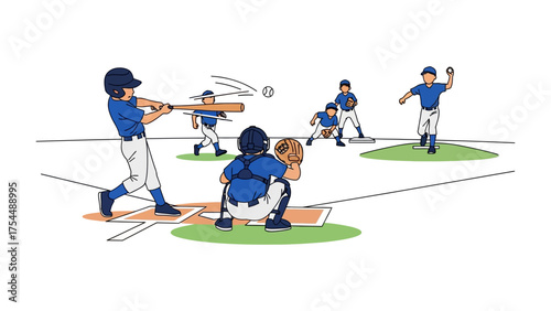 Baseball Game Action: A dynamic illustration captures a baseball game in full swing, with a batter connecting with the ball, while other players engage in fielding and pitching.