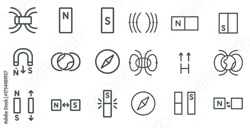 Magnetism and physics outline icons set – line, science, magnetic field symbols