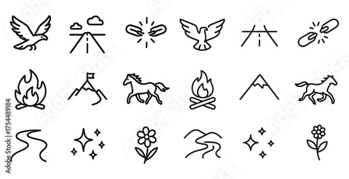 Outdoor and adventure outline icons set – hiking, camping, travel elements