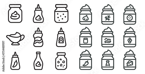 Condiments and spices icons set – outline, flat, seasoning and flavor symbols