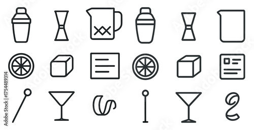 Cocktail outline icons set – bar, drink, beverage and mixology symbols