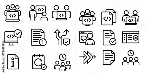 Developer communication icons set – linear, outline, programming and teamwork symbols