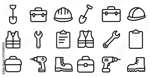 Construction tools outline icons set – line, silhouette, building and industrial symbols
