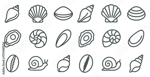 Shell and marine life outline icons set – linear, line, sea and ocean symbols