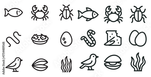 Marine and insect outline icons set – linear, line, aquatic and bug symbols