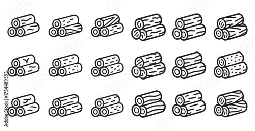 Wood and timber icons set – outline, line, forestry and lumber symbols.