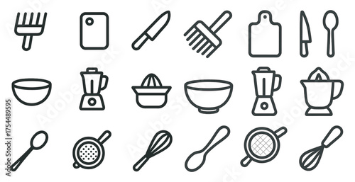 Kitchen tools outline icons set – linear, cooking utensils, culinary symbols
