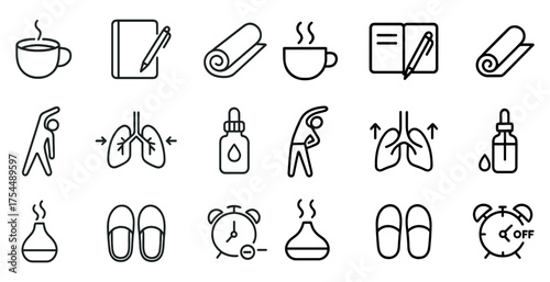 Wellness and relaxation line icons set – outline, linear, health and fitness symbols