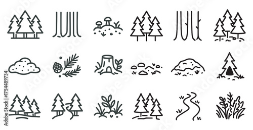 Nature and forest line icons set – outline, silhouette, natural and woodland symbols.