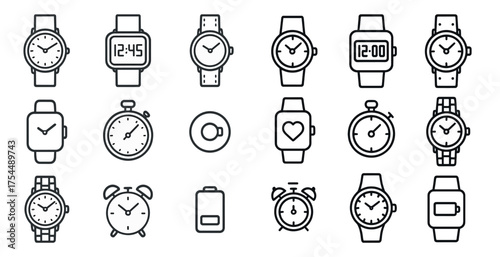 Timepiece and gadget icons set – outline, linear, digital and analog watch symbols