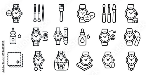 Watch maintenance line icons set – outline, repair, timepiece care tools