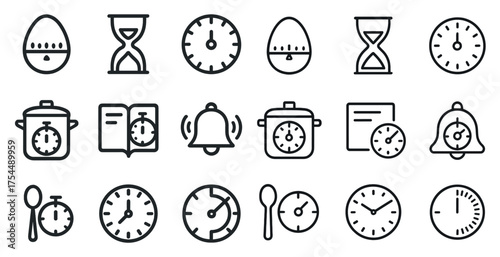 Cooking and kitchen timer icons set – outline, silhouette, culinary symbols