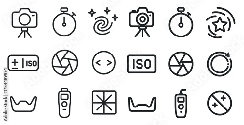 Photography and camera outline icons set – linear, equipment, shooting symbols