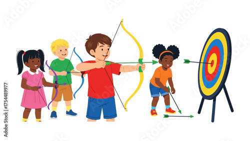 Archery Fun for Children: A group of enthusiastic young archers aim and fire their arrows at a colorful target, filled with youthful energy and friendly competition. 