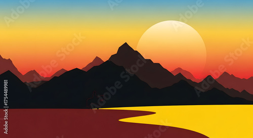 Sunset over the mountains with a river flowing through the valley below