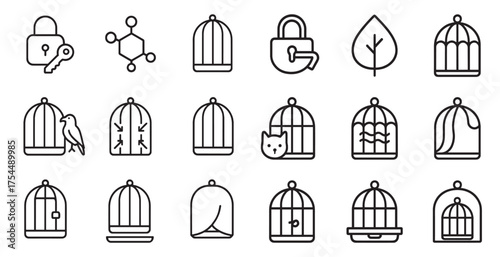 Security and nature outline icons set – linear, lock and cage symbols collection