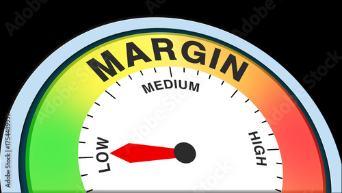 Margin low, text level concept illustration with barometer or tachometer meter on black background. Suitable for weak profit, low revenue, and poor financial performance visuals