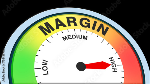Margin high, text level concept illustration with barometer or tachometer meter on black background. Suitable for strong profit, high revenue, and excellent financial performance visuals