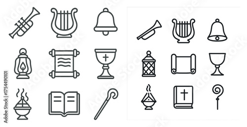 Religious and worship outline icons set – faith, sacred symbols, spiritual designs
