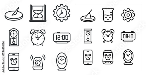 Timekeeping and clocks line icons set – outline, linear, alarm and watch symbols