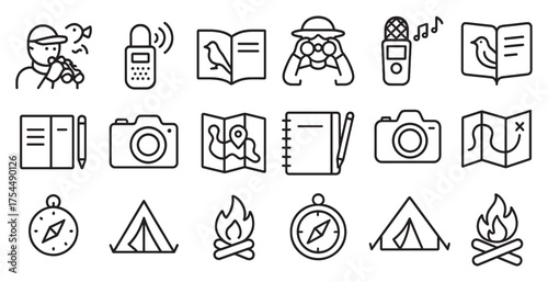 Birdwatching adventure outline icons set – nature, wildlife, exploration symbols