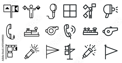Signal communication outline icons set – line, silhouette, messaging, information