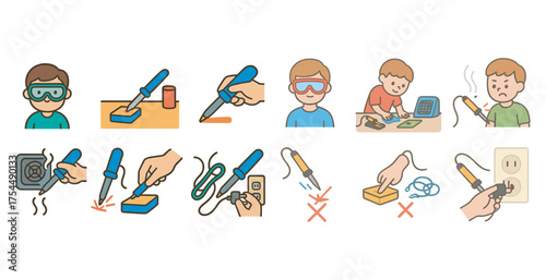 Electronics safety outline icons set – line, filled, soldering and hazard symbols