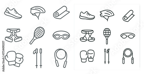 Fitness and sports outline icons set – linear, gym, athletic symbols