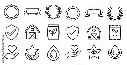 Organic farming outline icons set – line, organic, agriculture and eco symbols