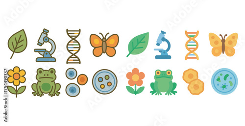 Nature and science flat icons set – filled, outline, earth and biology symbols.