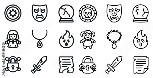 Horror and mystery icons set – outline, linear, scary symbols for storytelling