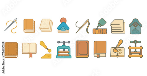 Bookbinding and needlework icons set – flat, filled, crafting and stitching tools