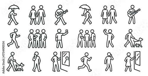 People activity outline icons set – linear, silhouette, daily life and actions symbols