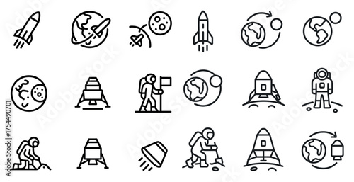 Space exploration line icons set – linear, outline, astronaut and rocket symbols