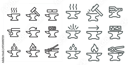 Blacksmith tools outline icons set – line, forge, metal crafting design elements.
