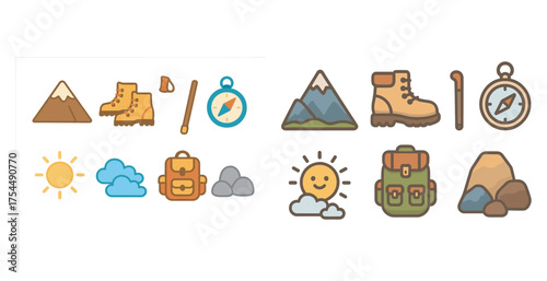 Hiking and outdoors icons set – flat, filled, adventure and trekking symbols