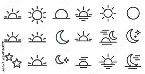 Sun and moon outline icons set – celestial, night and day symbols collection