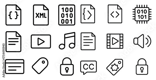 Tech and media outline icons set – linear, digital, audio and video symbols