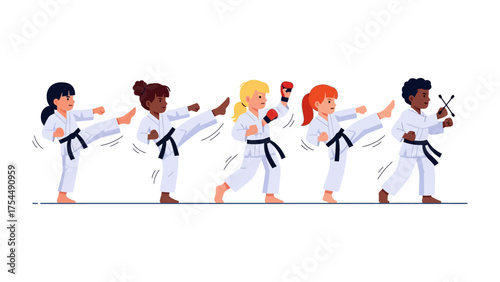 Karate Kids: A vibrant illustration captures a dynamic scene of young karate practitioners executing powerful kicks, their focused energy embodying the essence of discipline, strength.