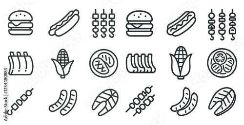 Barbecue and grill outline icons set – linear, cooking, food preparation symbols