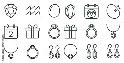 Jewelry and gemstone outline icons set – linear, elegant, precious stone symbols.