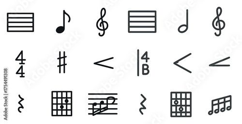 Music notation outline icons set – flat, linear, musical symbols for scores