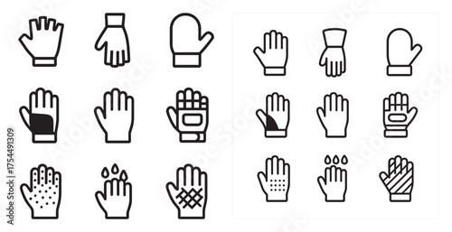 Handwear outline icons set – linear, gloves, mitten and apparel symbols