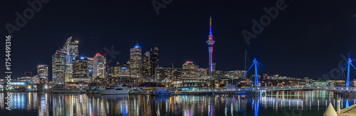 ニュージーランド　オークランドのバイアダクトから見えるスカイタワーとヨットーハーバーの夜景