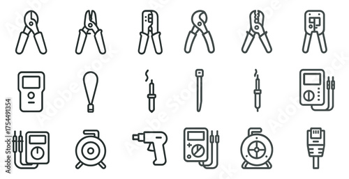 Electrical tools outline icons set – linear, wiring, equipment symbols.