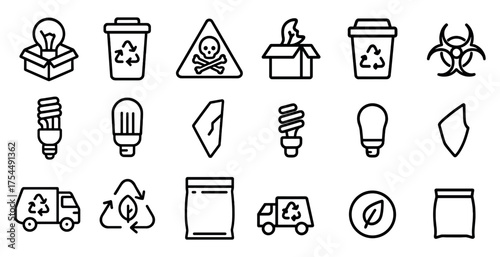 Recycling and waste management icons set – outline, linear, eco-friendly symbols