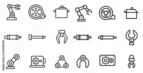Industrial machinery outline icons set – line, linear, factory and automation symbols