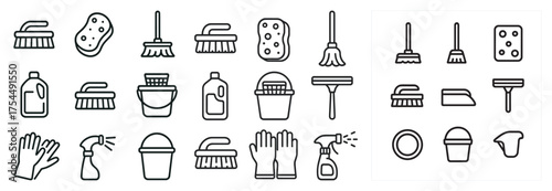 Cleaning and hygiene outline icons set – line, minimalist, sanitation symbols.